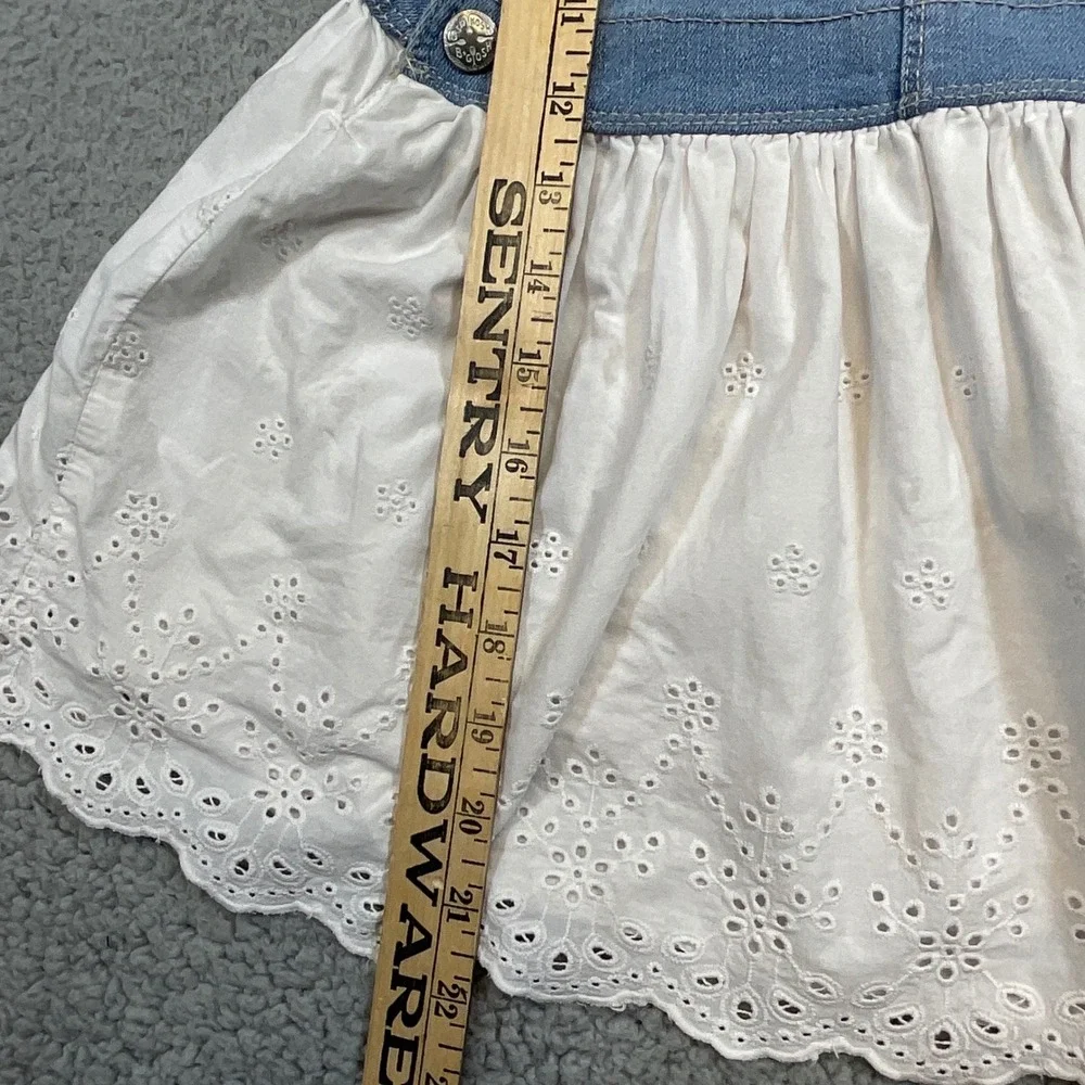 OshKosh B'gosh Overall Dress Kids 4T Blue White Good Eyelet Lace Denim Pinafore